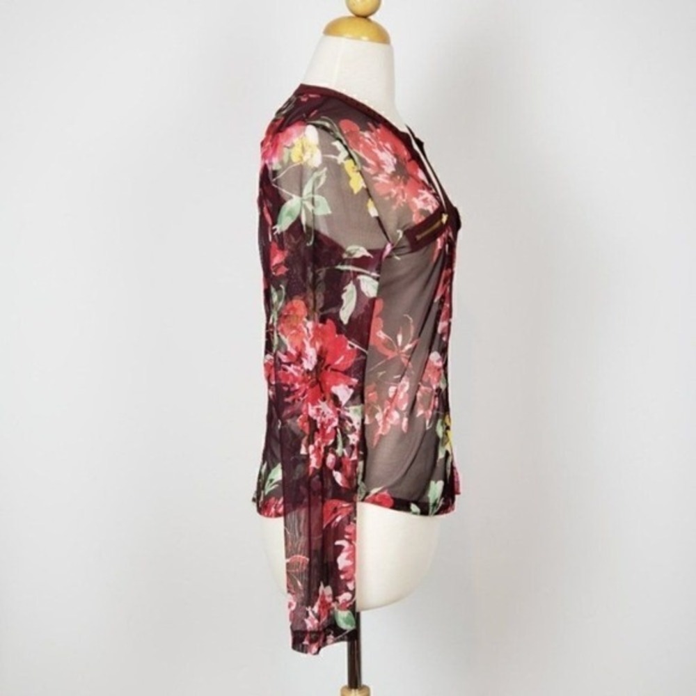 Burgundy Floral Sheer Mesh V-Neck Long Sleeve Top with Zipper Accents Size Large - Picture 2 of 8